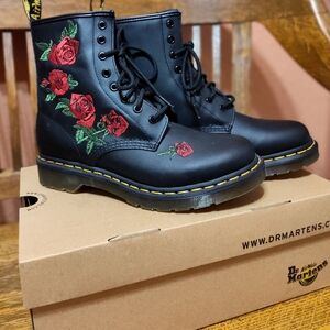 Dr. Martens Black Boots with Red Floral Embroidery
